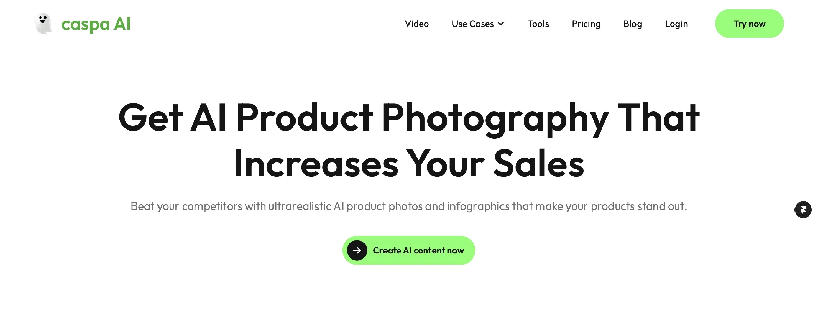 Screenshot of the Caspa AI homepage, an AI product photography and video generator for ecommerce brands