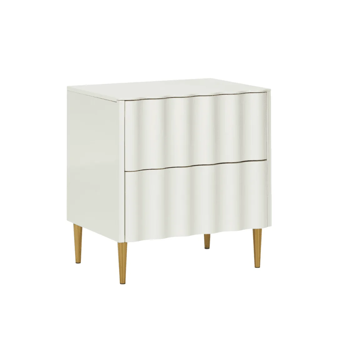 white sideboard cupboard with curved drawers on a white studio background