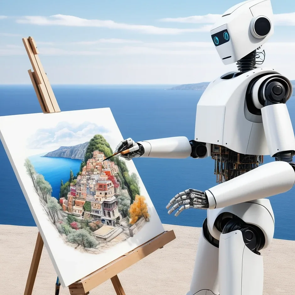 Robot paining a beautiful landscape on a canvas in front of the sea