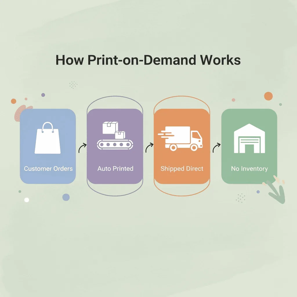 Process flow infographic showing how print-on-demand works from order to delivery
