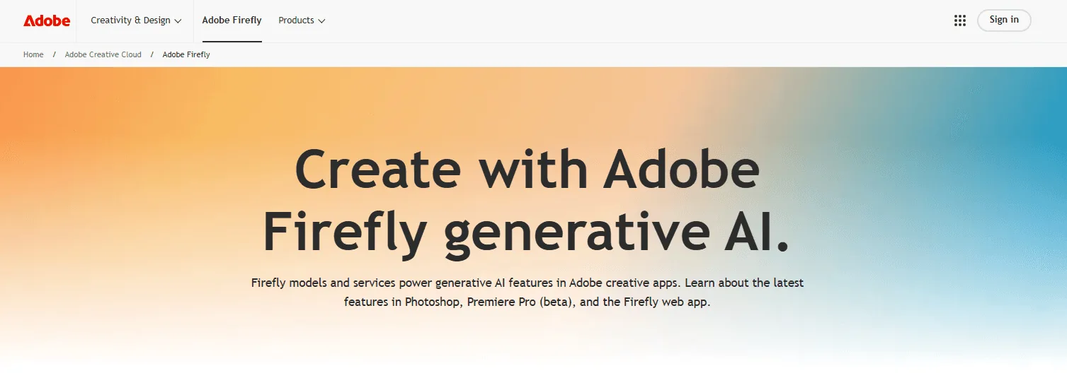 Screenshot of the Adobe Firefly homepage, Adobe's generative AI image tool