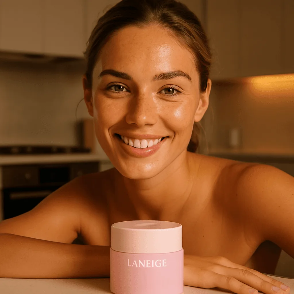 brunette model woman using pink skincare mask product beauty product photo made on caspa AI