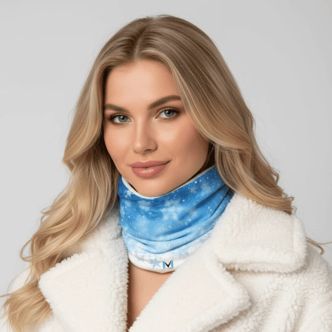 blond woman wearing a blue neckwarmer and white fur coat - ai photo made on caspa AI