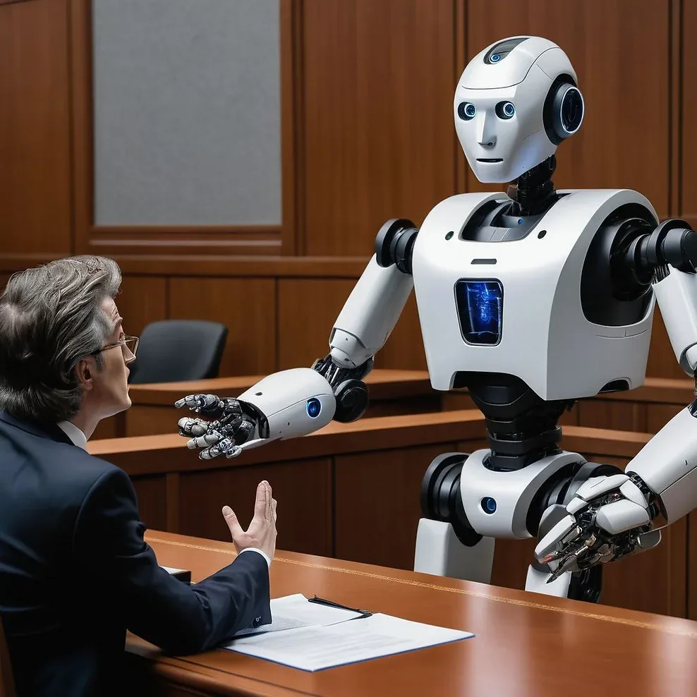 robot in a courtroom shaking hands with lawyer