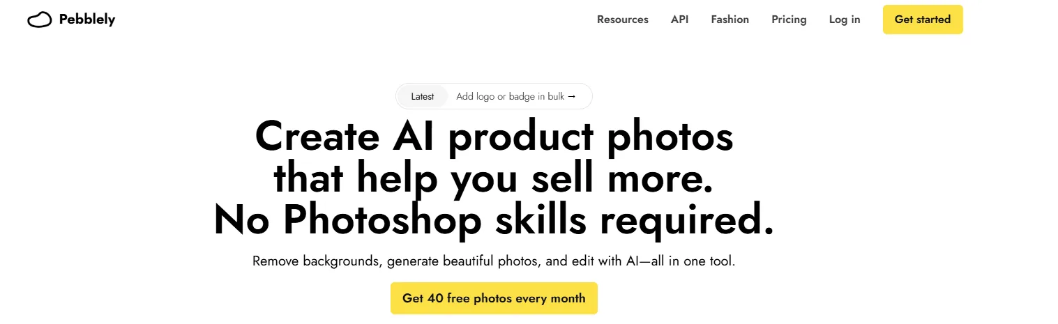 Screenshot of the Pebblely homepage, an AI product photo generator
