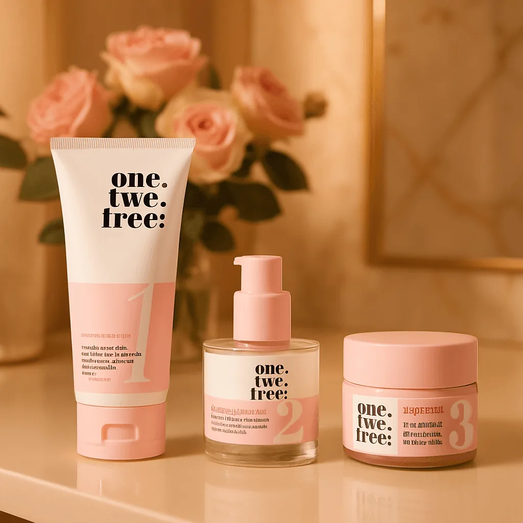 pink skincare products made on caspa ai on beautiful counter top with flowers