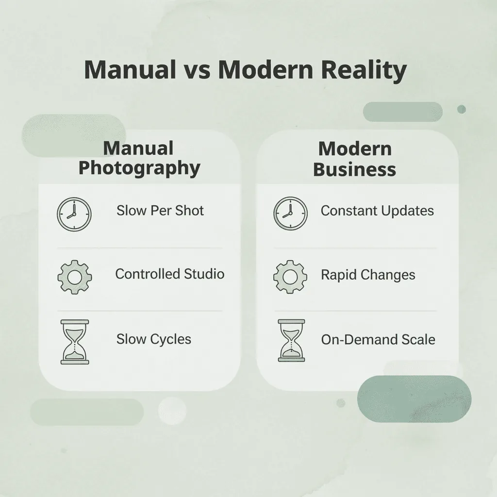 Two-column comparison infographic showing manual photography limitations versus modern business demands