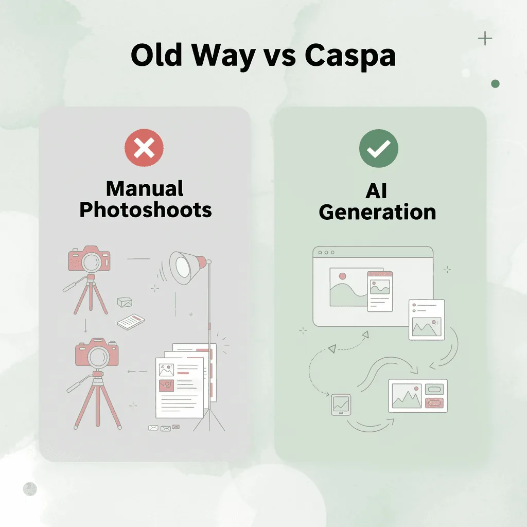 Before and after infographic comparing manual photoshoots to AI-generated product visuals