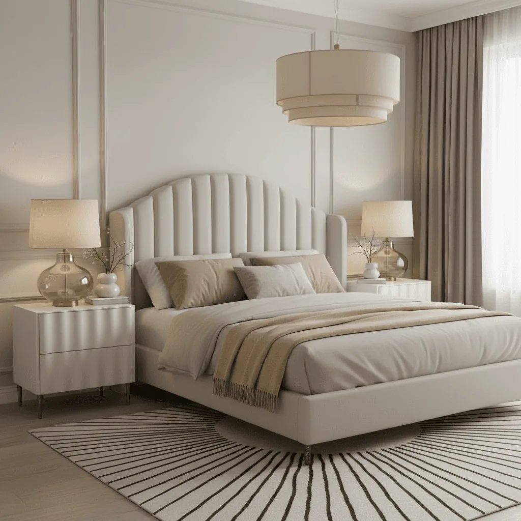 modern bedroom with bed a side lamp and side table, beige and neutral tones