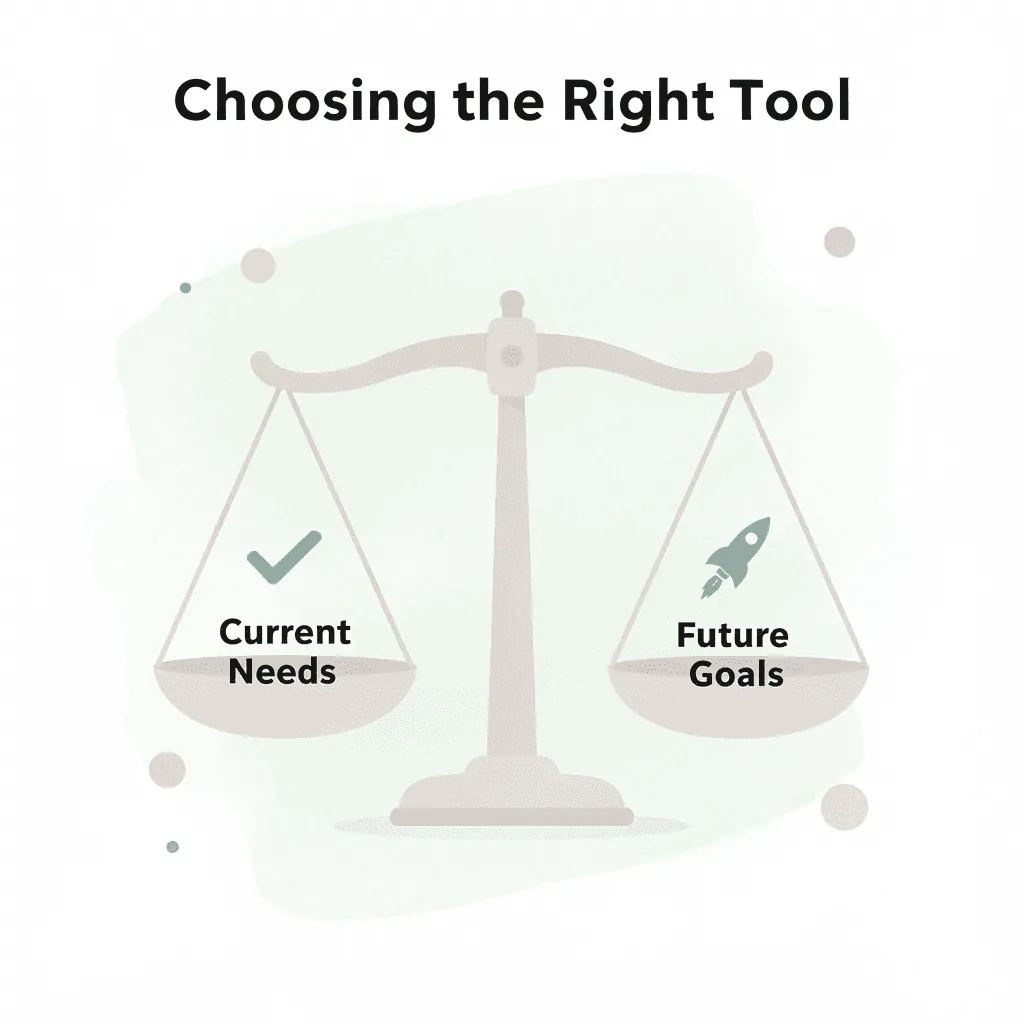 Scale balancing current business needs against future goals when choosing tools
