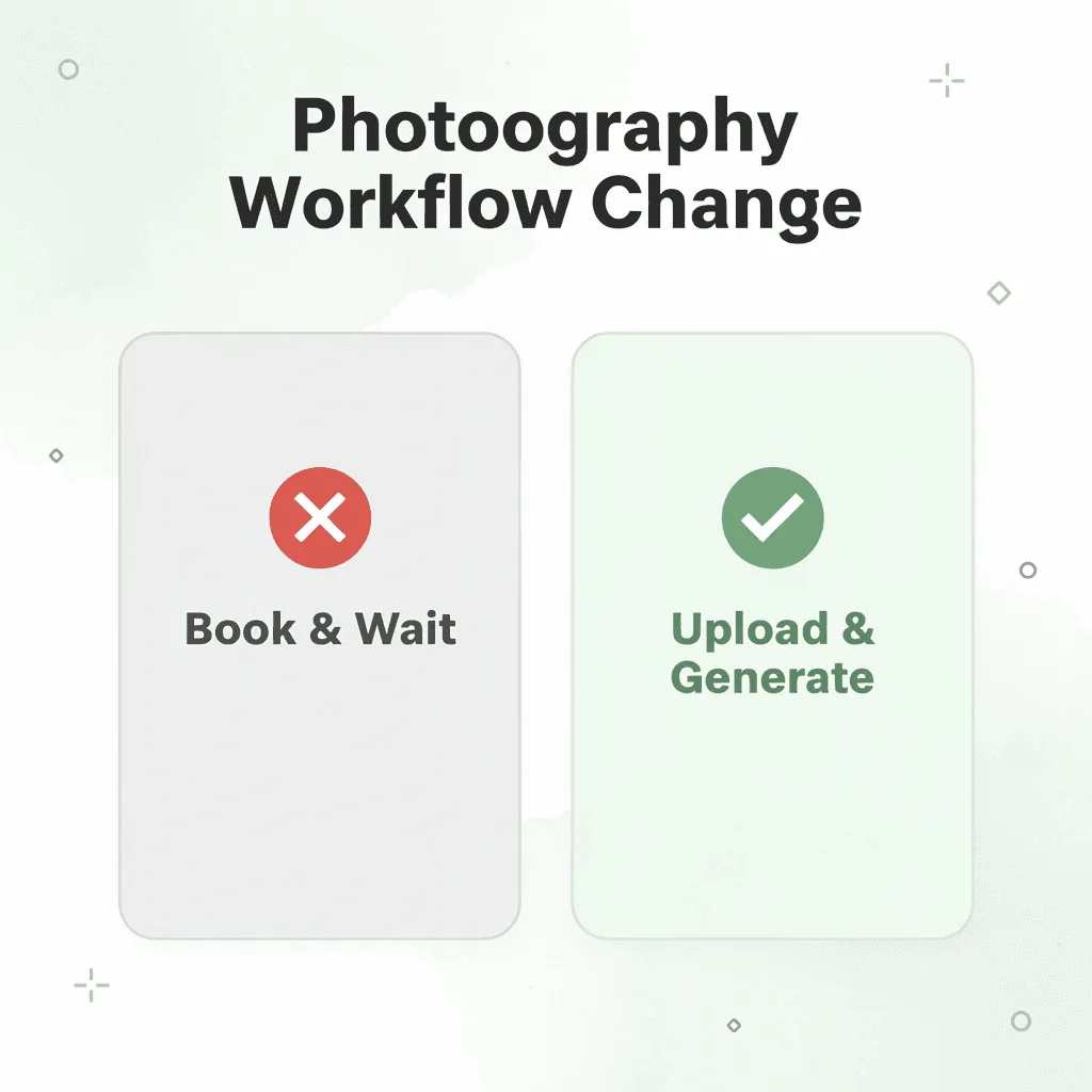Before and after infographic showing old photography booking process versus instant AI generation