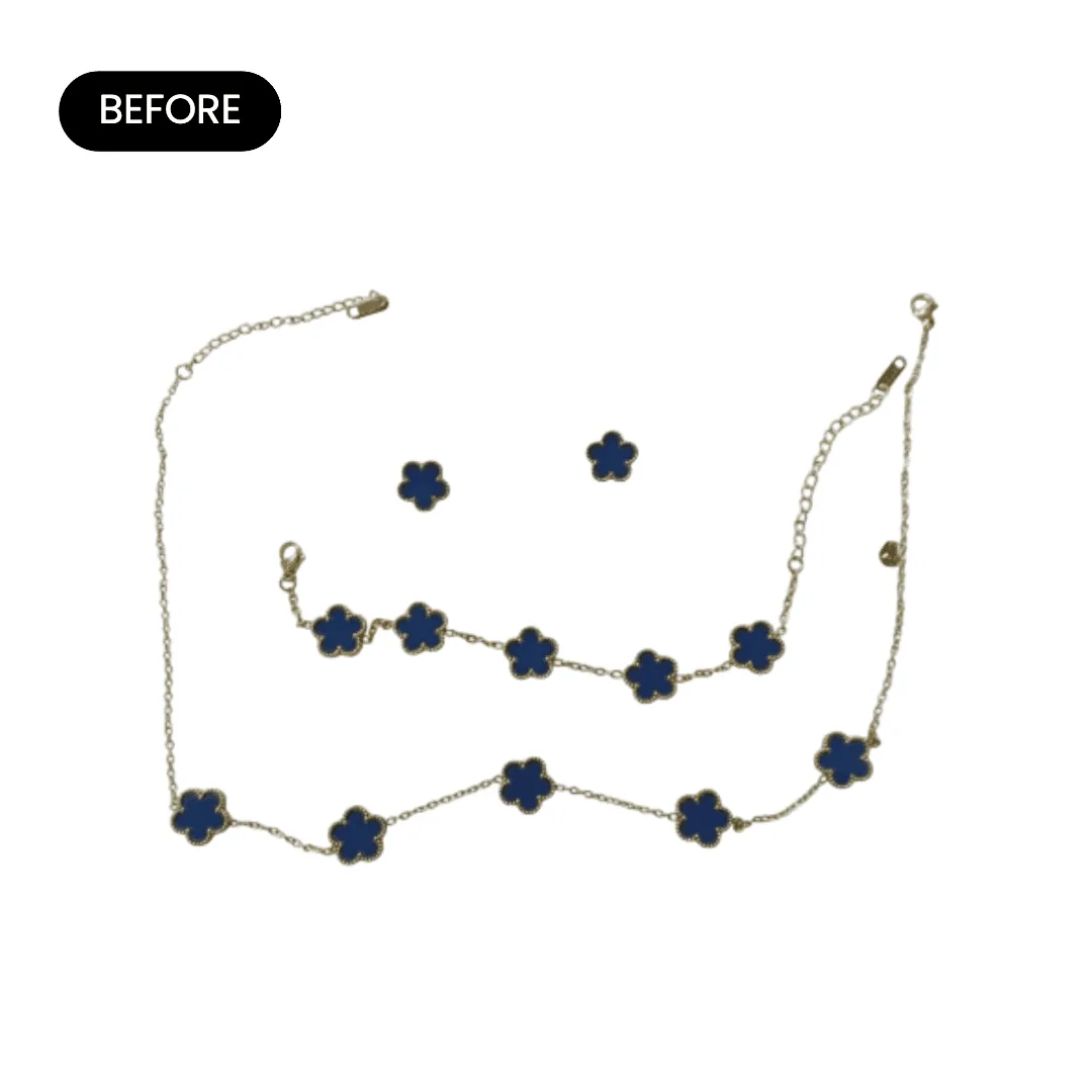 earrings, necklace and bracelet set on a white background