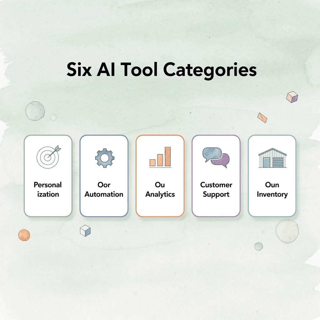 Infographic showing six ecommerce AI tool categories including personalization, automation, analytics, customer support, and inventory