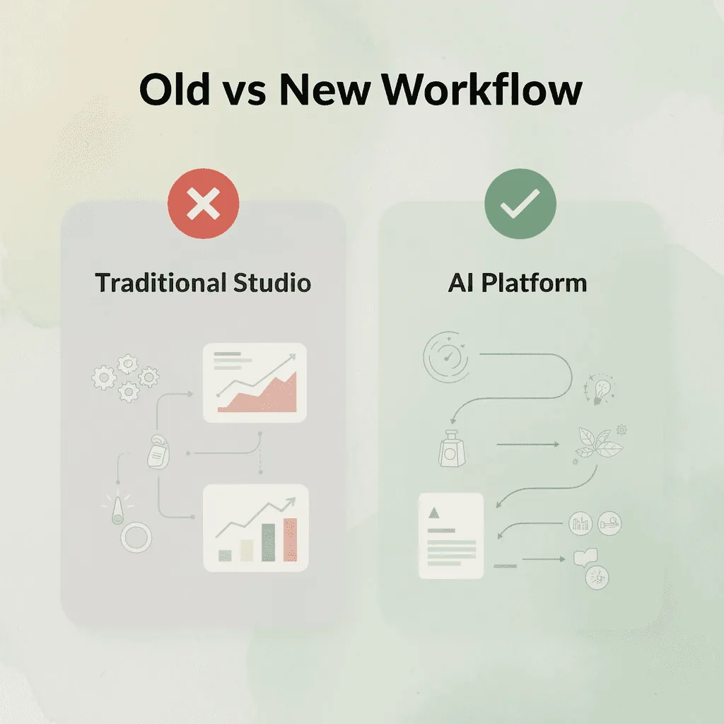 Before and after comparison of traditional studio workflow versus AI platform