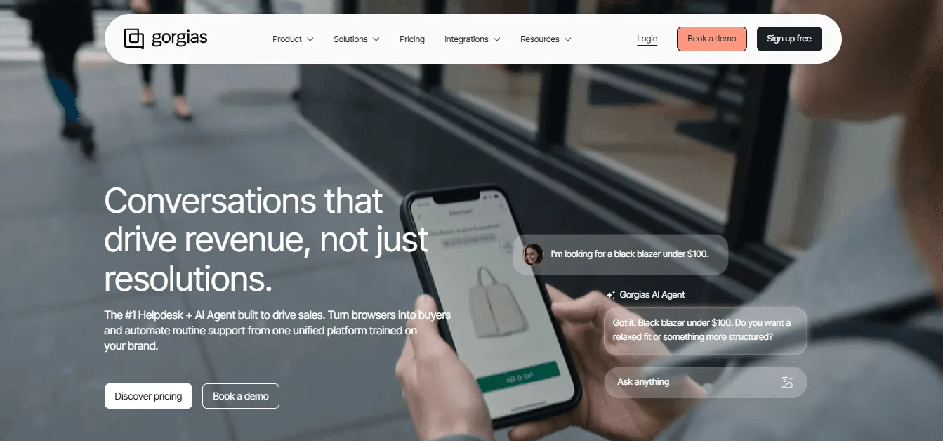 Screenshot of the Gorgias homepage, an AI customer support platform for ecommerce