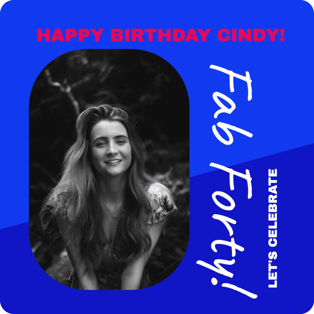 woman with long hair in black and white on a blue birthday card