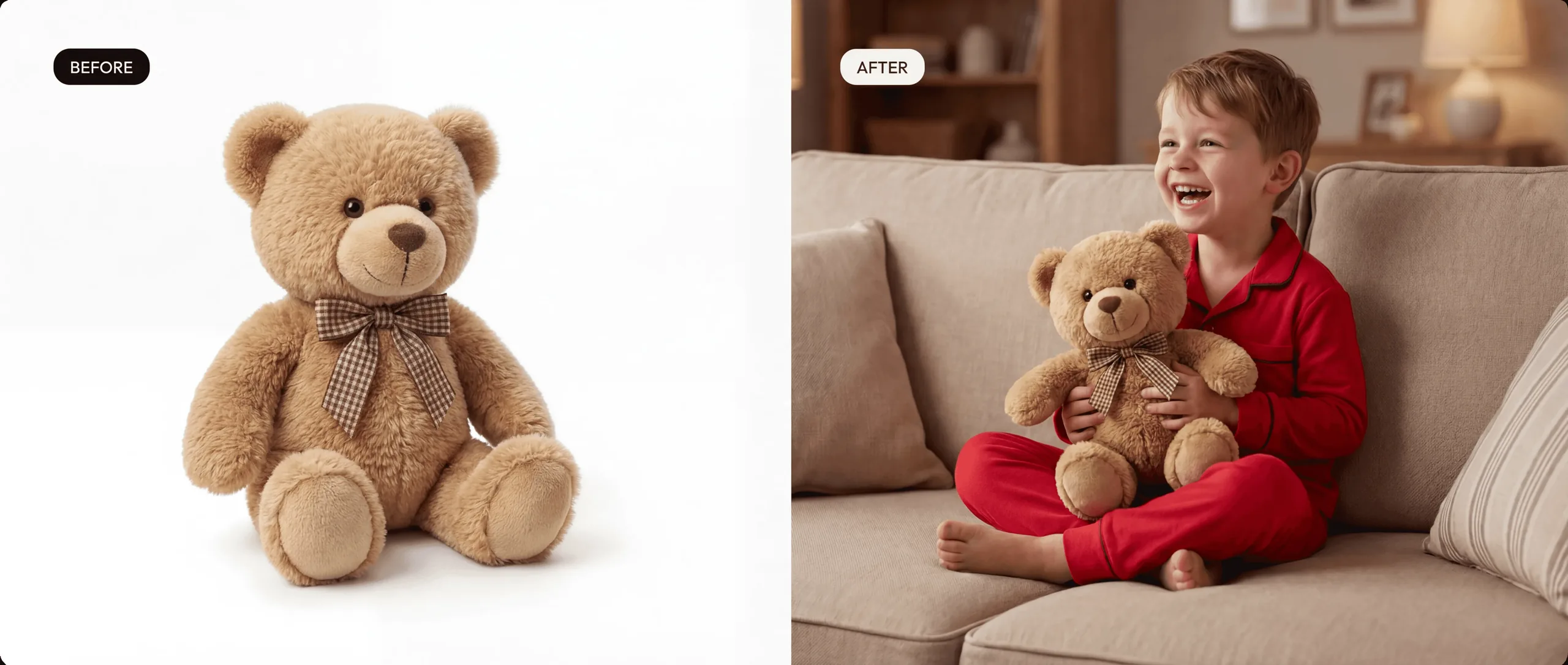 before and after image of a bear on a white studio background and then with a 5 year old holding and wearing red pyjamas