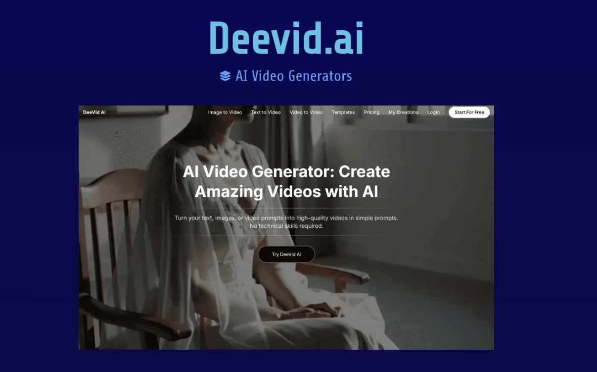 Screenshot of the Deevid AI homepage, a text-to-video AI tool