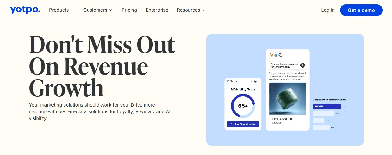 Screenshot of the Yotpo homepage, an ecommerce reviews and loyalty platform