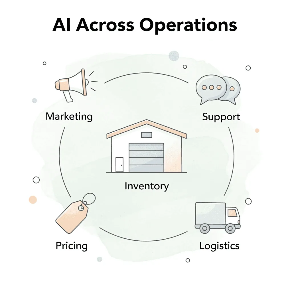 Hub and spoke infographic showing AI at the center of five ecommerce operations