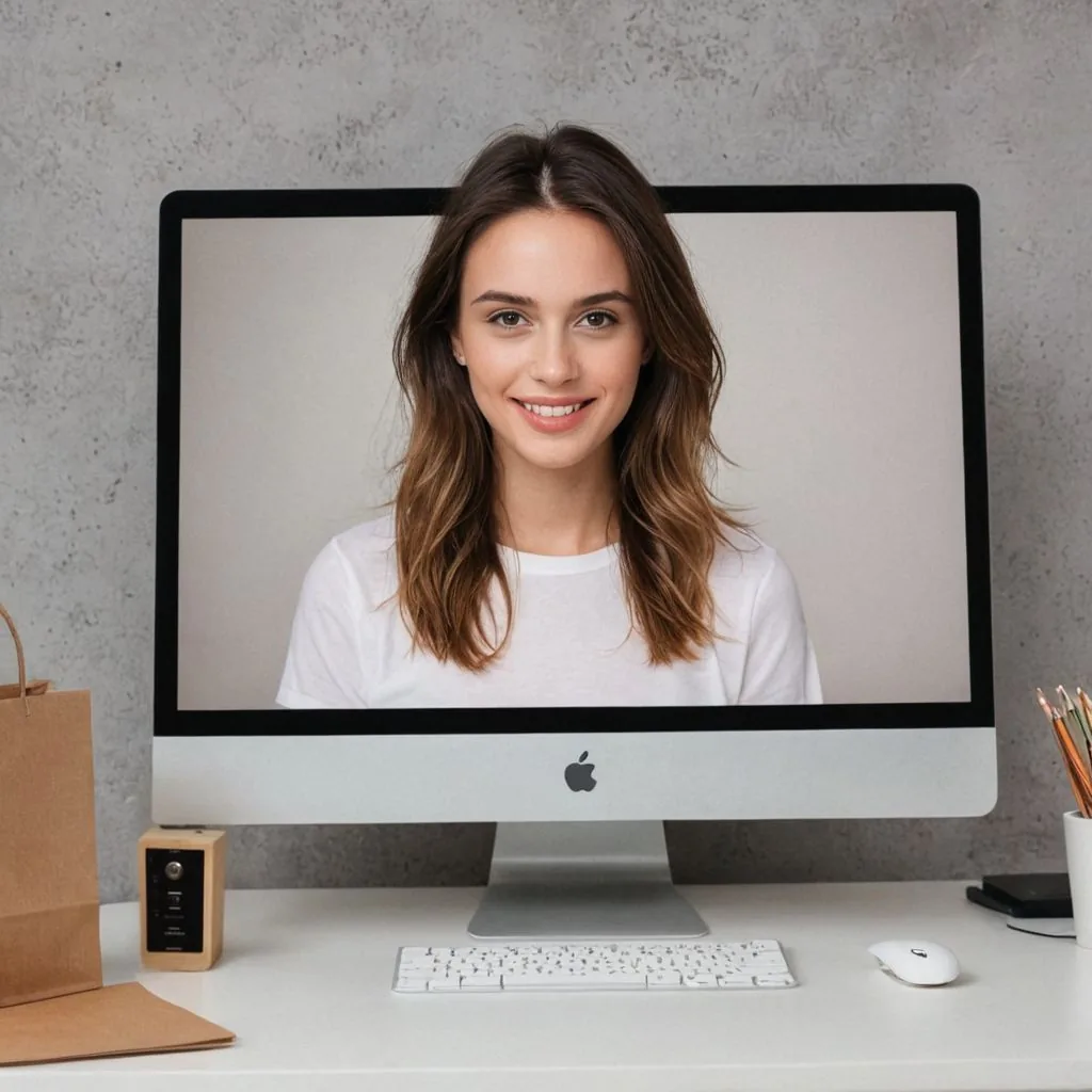 woman coming out of a computer screen smiling