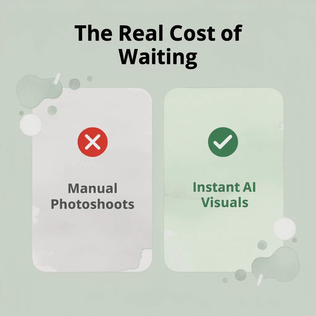 Before and after showing manual photoshoots vs instant AI visuals
