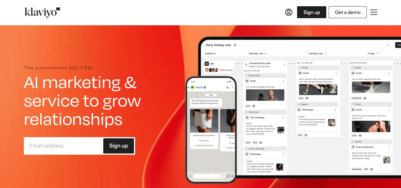 Screenshot of the Klaviyo homepage, an AI marketing automation platform