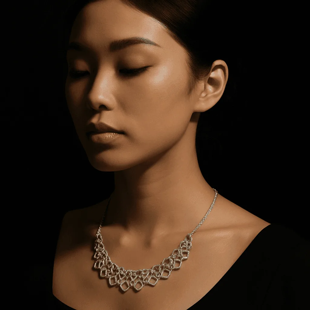 east asian woman in dark setting wearing silver necklace professional studio shot soft lighting created on caspa AI