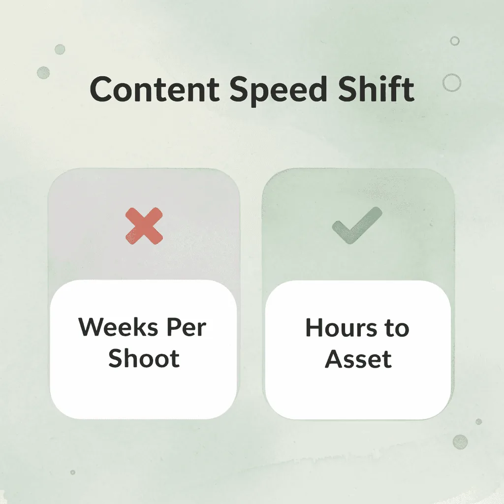 Before and after infographic comparing traditional weeks-long shoots to modern hours-long workflows