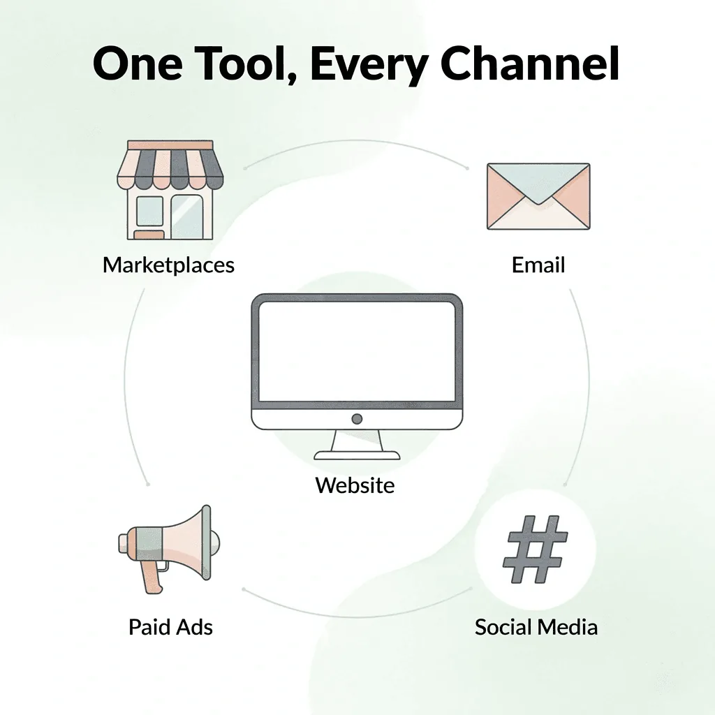 Hub and spoke infographic showing Caspa connecting to five ecommerce channels