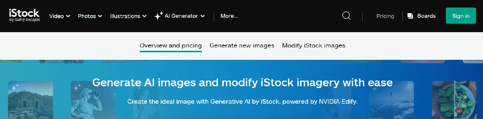 Screenshot of the iStock AI Generator by Getty Images homepage