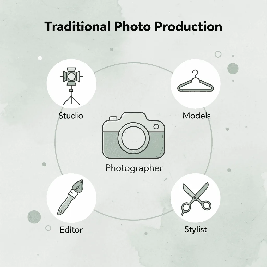Hub and spoke diagram showing the many roles in traditional product photography