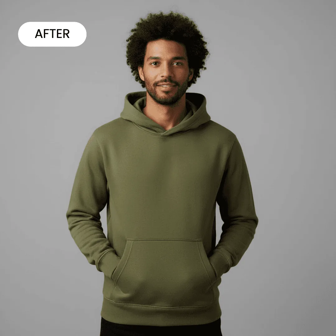 green hoodie on a mixed race man standing in a grey professional studio facing the front