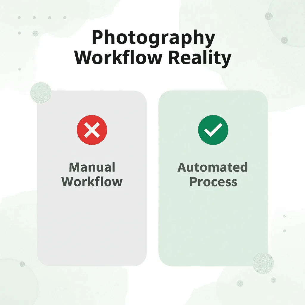 Before and after infographic comparing manual photography workflow to automated process