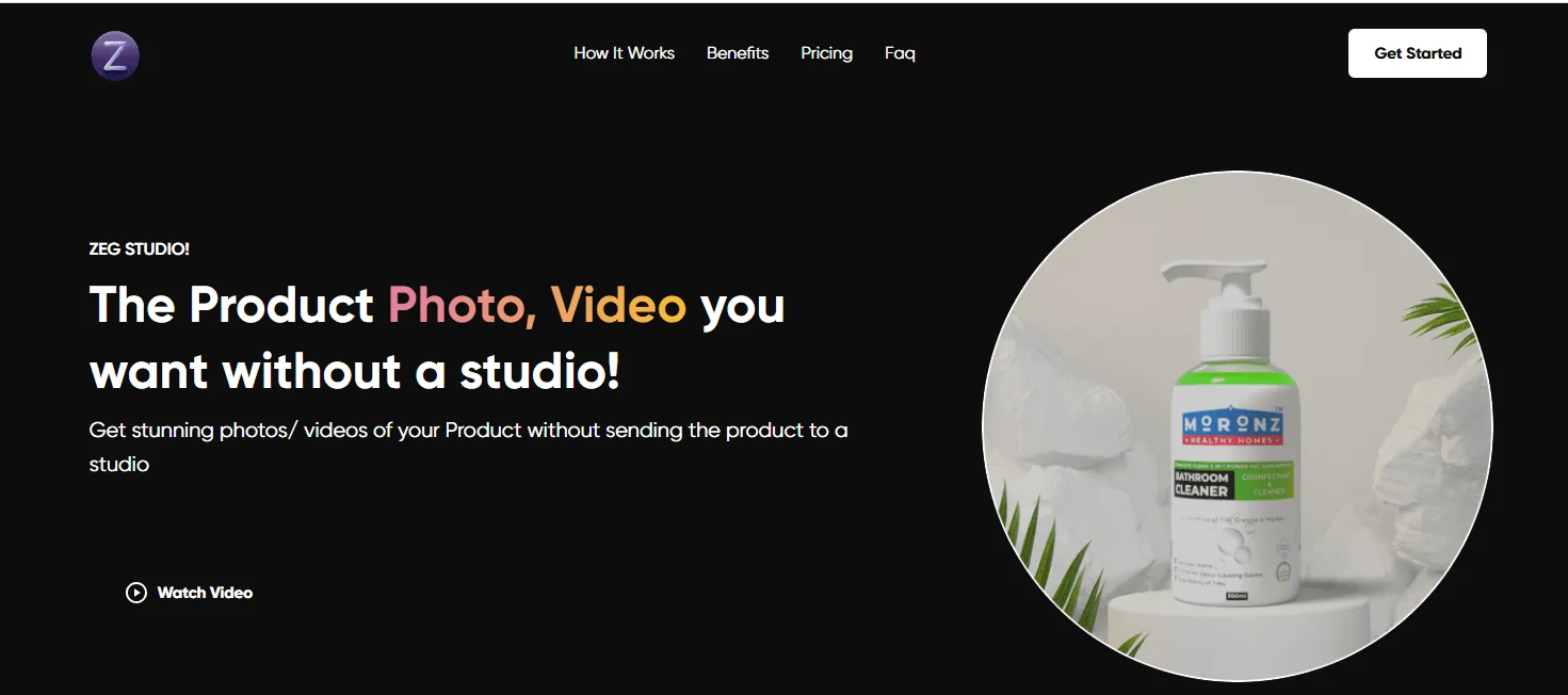 Screenshot of the Zeg AI homepage, an AI product photo and video studio