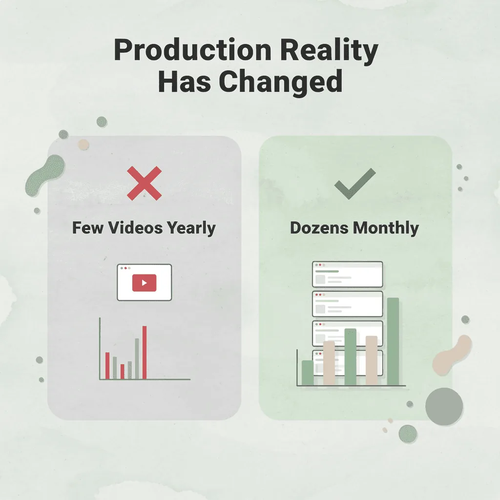 Before and after infographic showing shift from a few videos per year to dozens per month