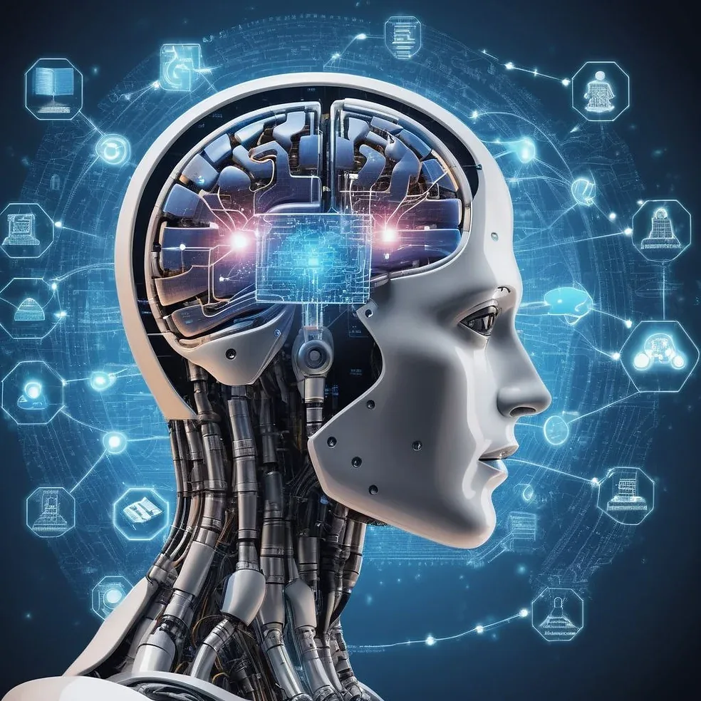 robot facing the right with brain on show