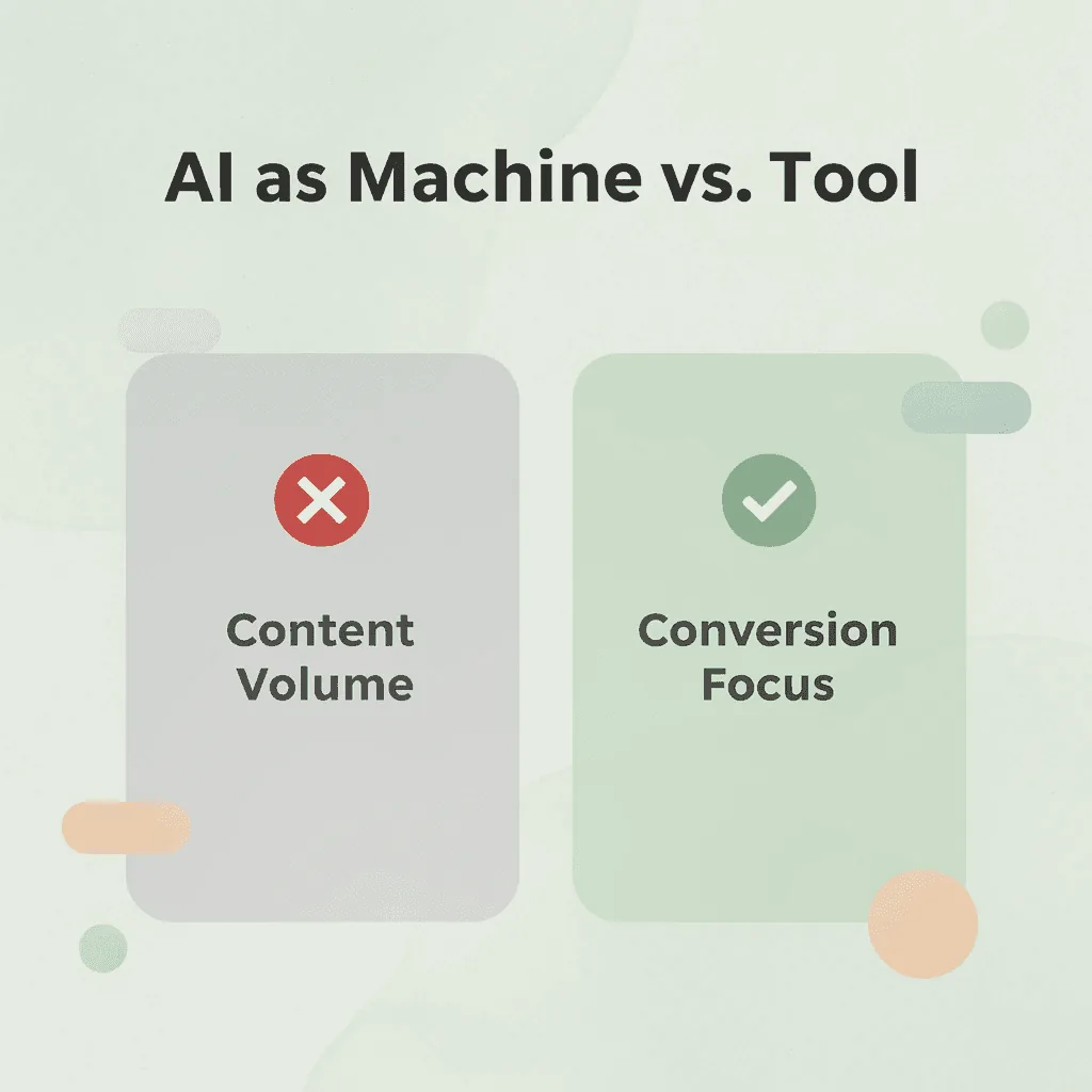 Before and after infographic comparing AI used for content volume versus conversion performance