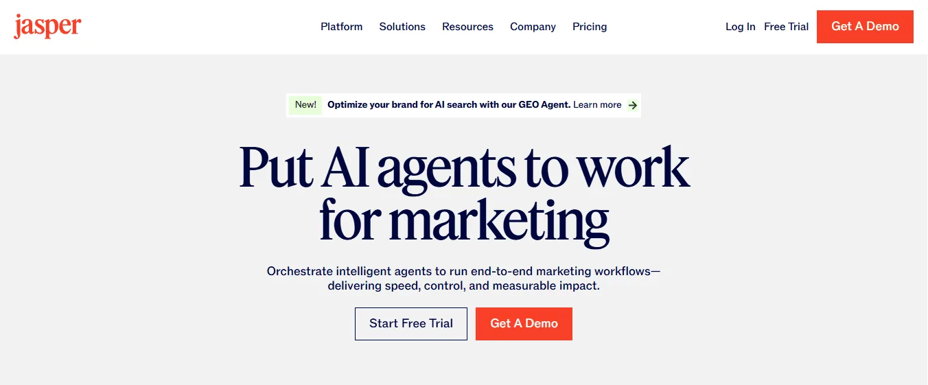 Screenshot of the Jasper homepage, an AI marketing content platform