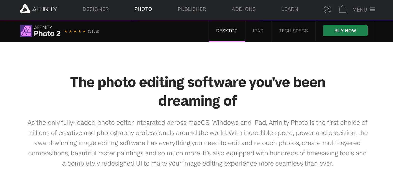 Screenshot of the Affinity Photo homepage, a photo editing application