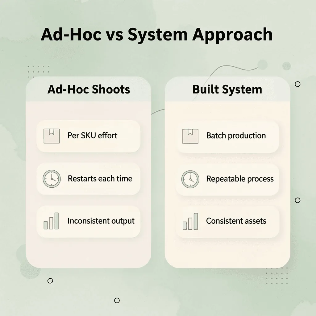 Comparison infographic showing ad-hoc shoots versus a built visual content system