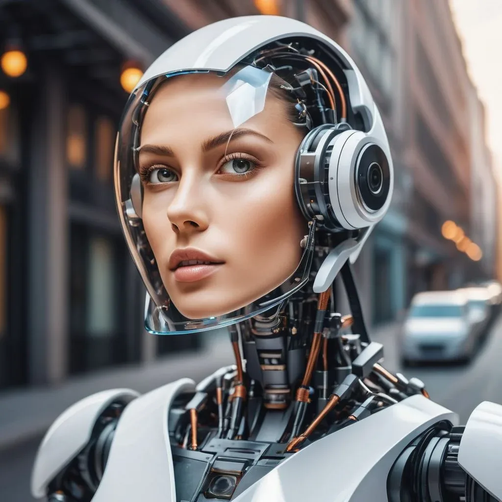 robot with realistic human face walking down the street