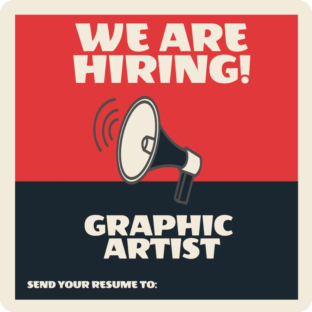 red and black infographic with writing that says "we are hiring! graphic artist"