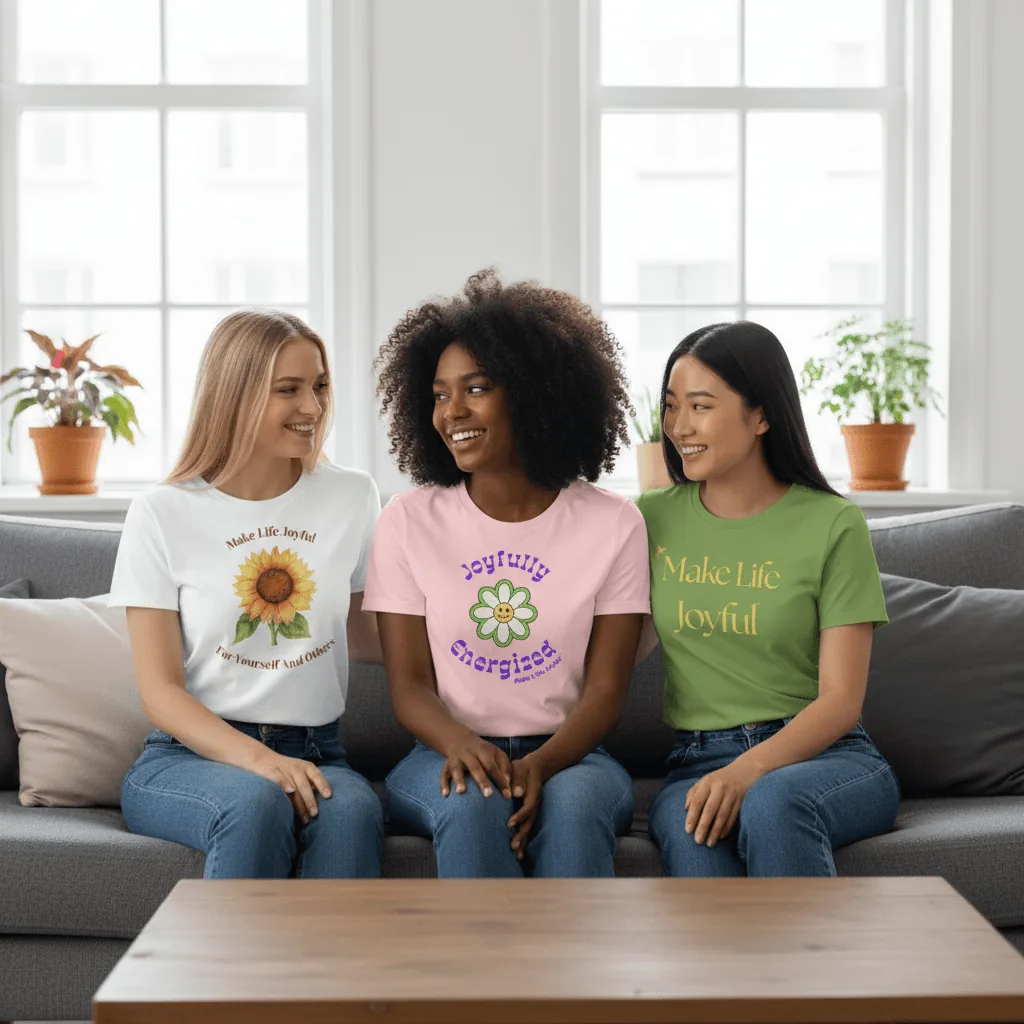 3 women of different races sat on a sofa in a modern living room wearing a tshirt