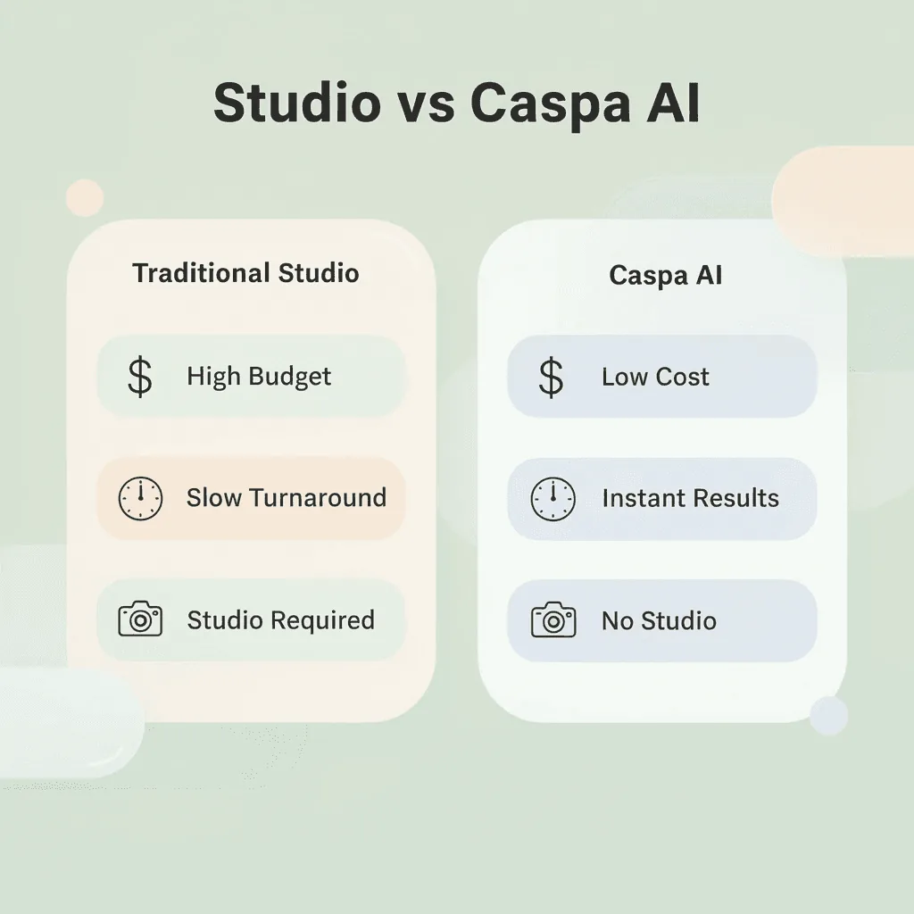 Comparison infographic of traditional photography versus Caspa AI