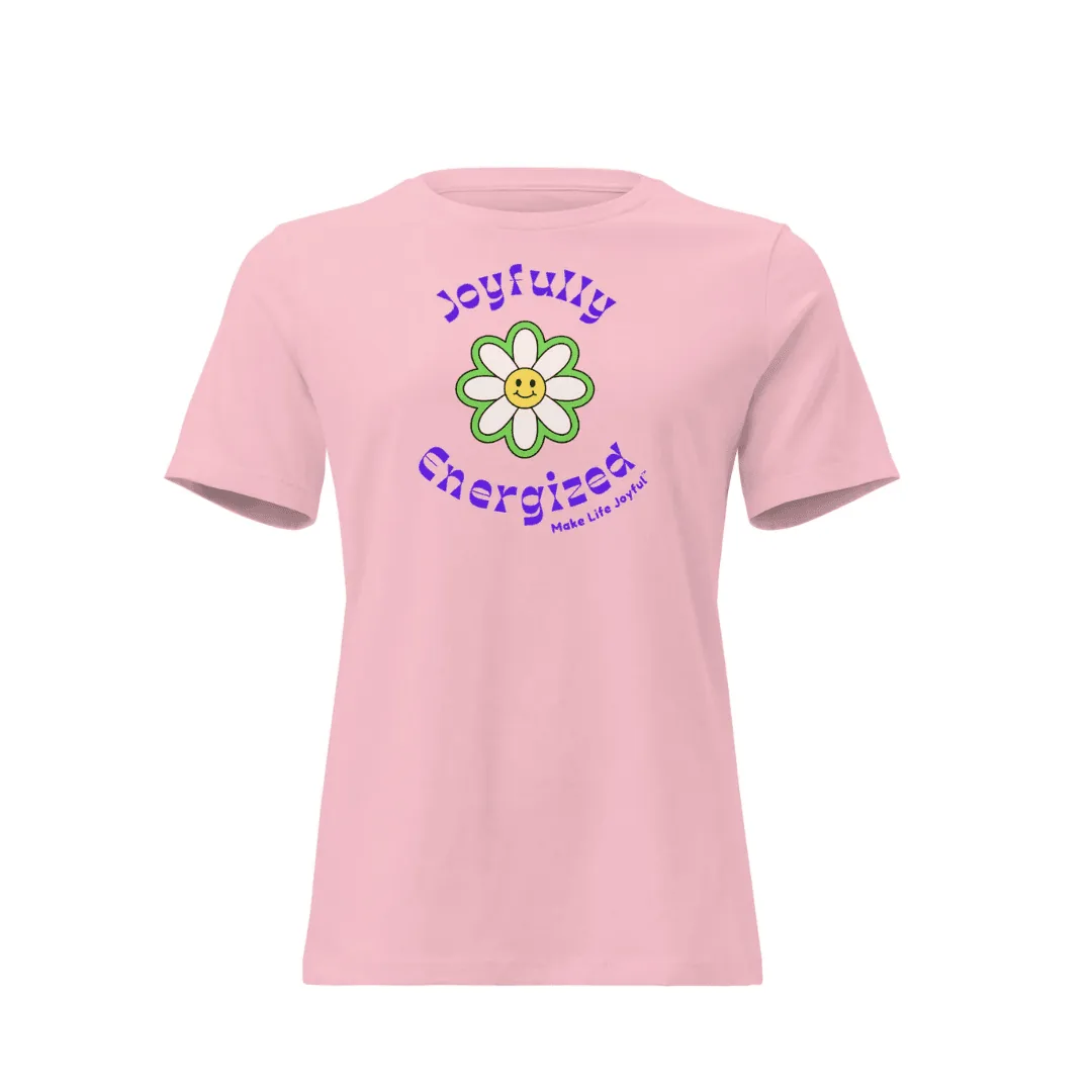 pink tshirt that says "joyfully energized" on a white studio background