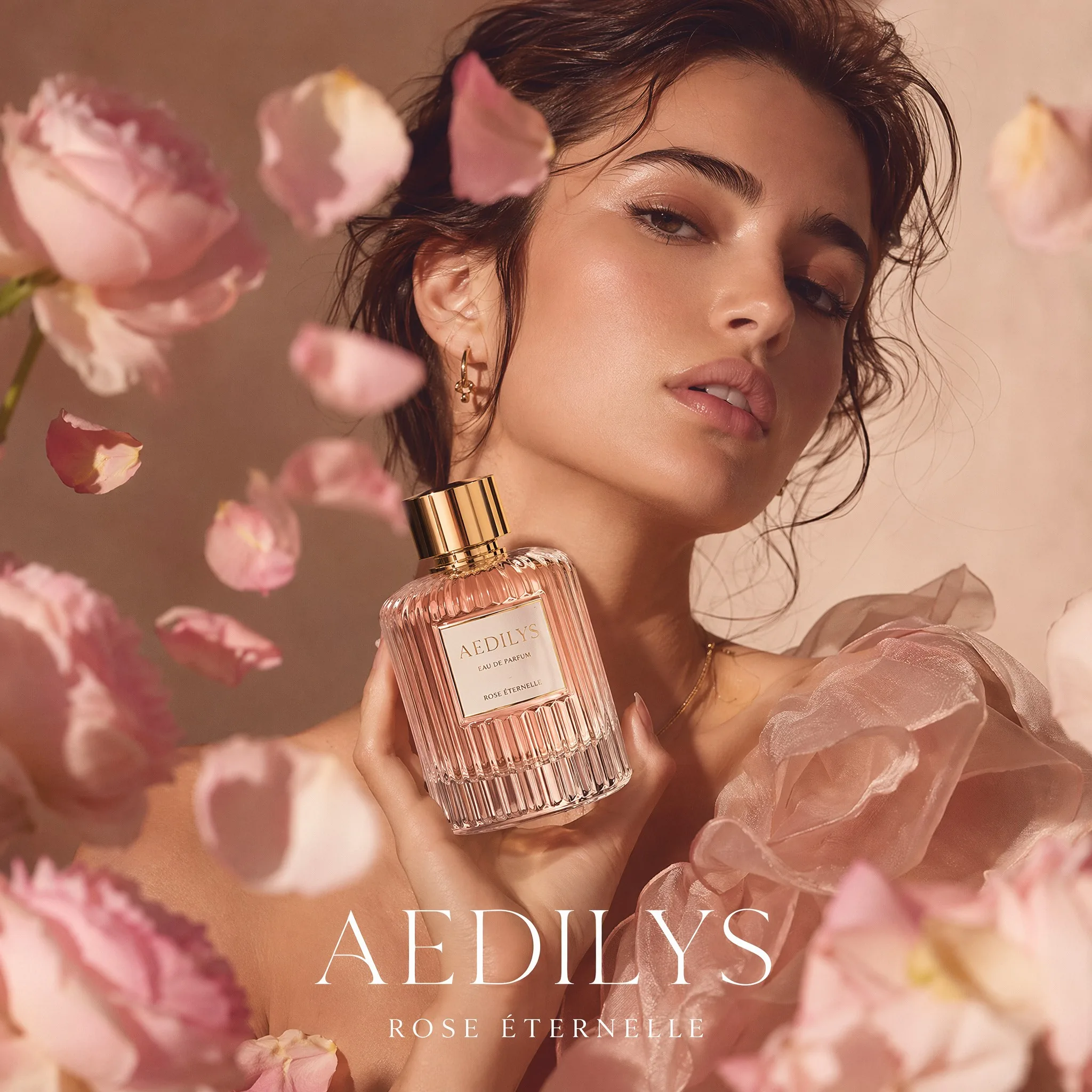 brunette model woman modelling pink perfume with petals made on caspa AI