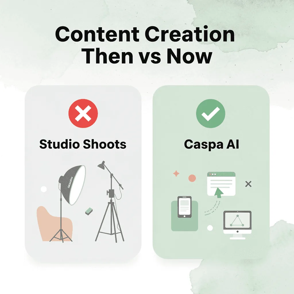 Before and after comparison of traditional studio photography versus Caspa AI content creation