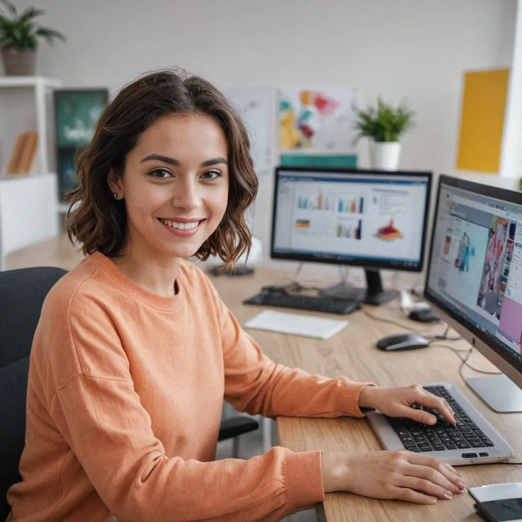 marketing girl wearing orange top on a computer in the office