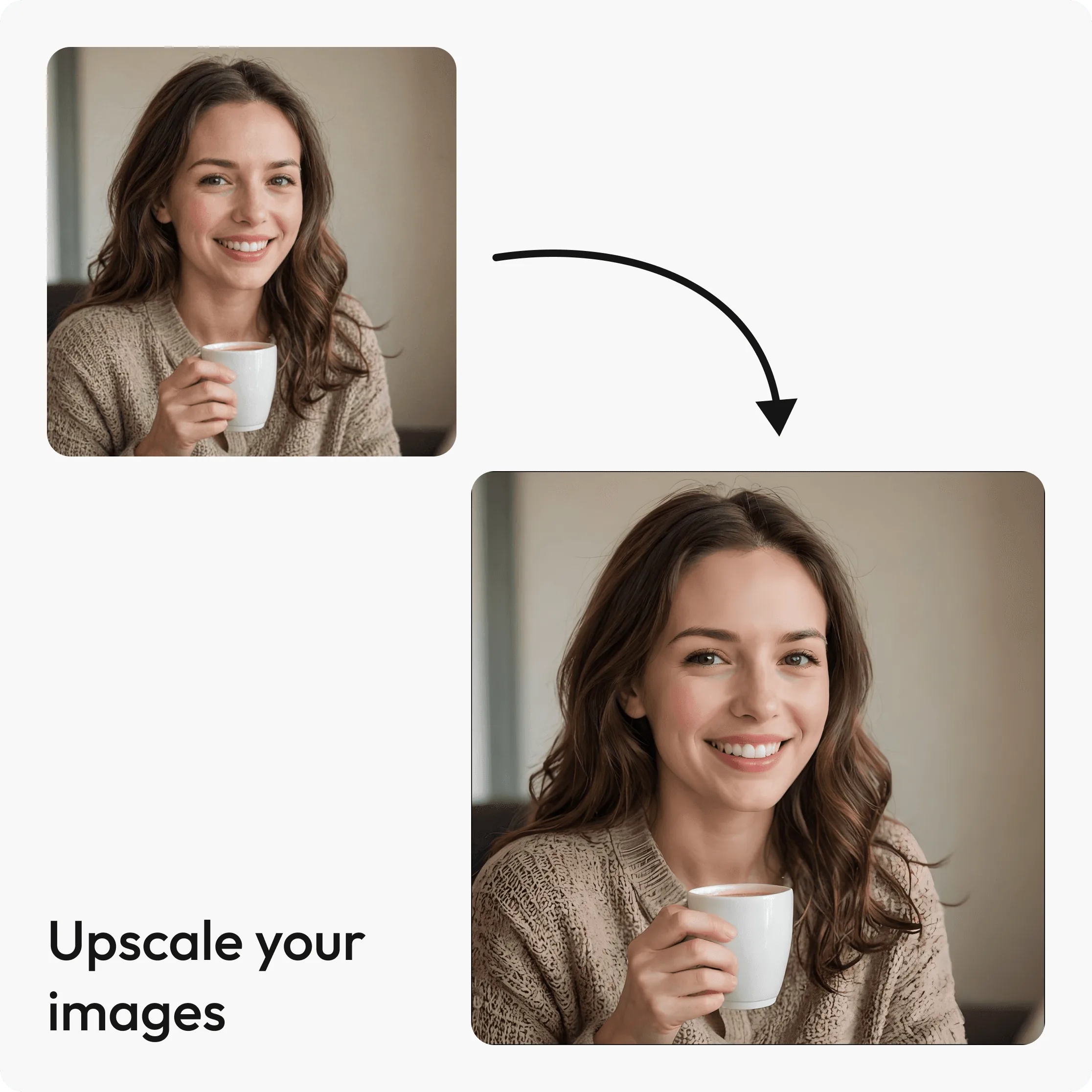 young brunette women, smiling holding a white mug in her hand while smiling, image is upscaled from smaller to larger